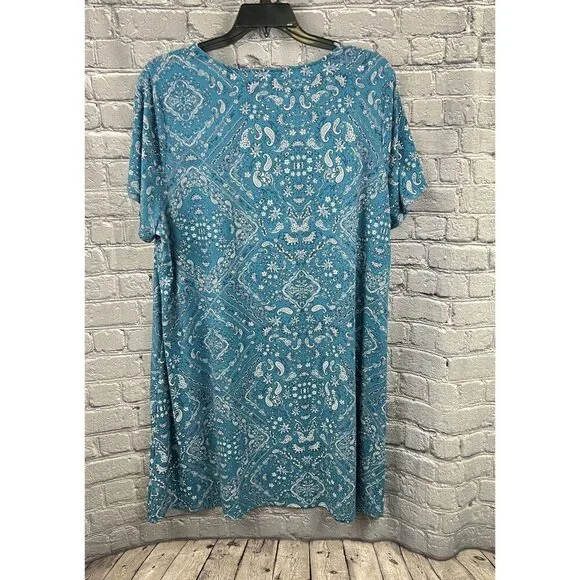 CJ Banks Blue Paisley Round-Neck Short Sleeve  Shift Dress - Women's 2X - Picture 3 of 6